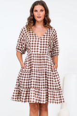 Treyshelle Mini Dress - V-Neck Puff Sleeve Tiered Dress in Gingham Brown