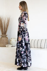 Trina Maxi Dress - Deep V Neck Tiered A-Line Dress with Balloon Sleeves in Bronson Print