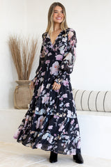 Trina Maxi Dress - Deep V Neck Tiered A-Line Dress with Balloon Sleeves in Bronson Print