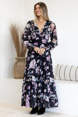 Trina Maxi Dress - Deep V Neck Tiered A-Line Dress with Balloon Sleeves in Bronson Print
