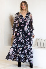 Trina Maxi Dress - Deep V Neck Tiered A-Line Dress with Balloon Sleeves in Bronson Print