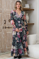 Trina Maxi Dress - Deep V Neck Tiered A-Line Dress with Balloon Sleeves in Annalisa Print
