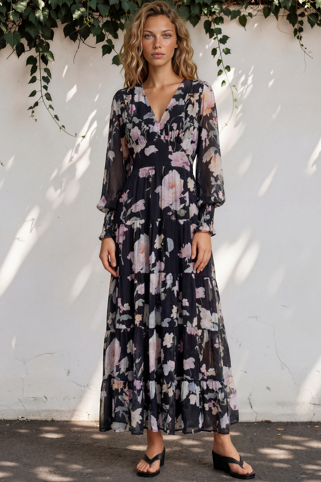 Model wearing Trina Maxi Dress in Bronson Print from Salty Crush