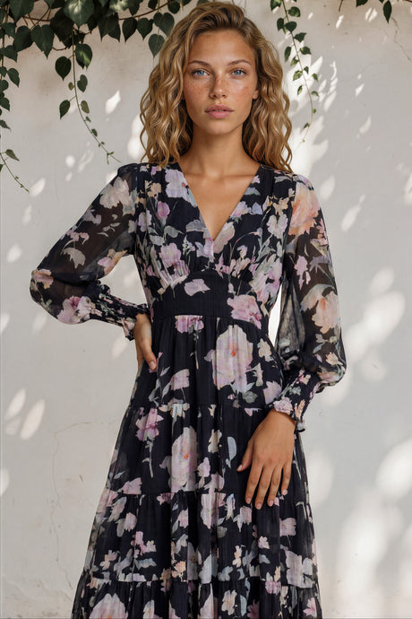 Model wearing Trina Maxi Dress in Bronson Print from Salty Crush