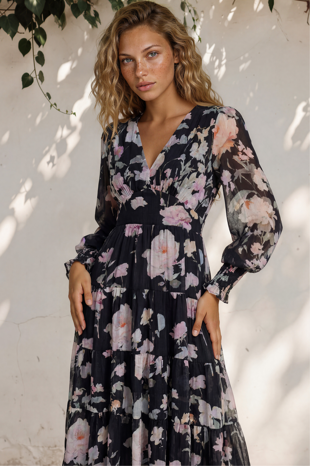 Model wearing Trina Maxi Dress in Bronson Print from Salty Crush