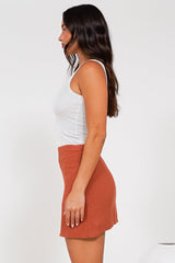 Tropicana Mini Skirt - High Waisted A-Line Skirt in Rusty