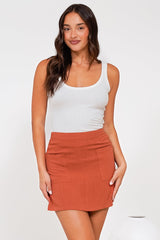 Tropicana Mini Skirt - High Waisted A-Line Skirt in Rusty
