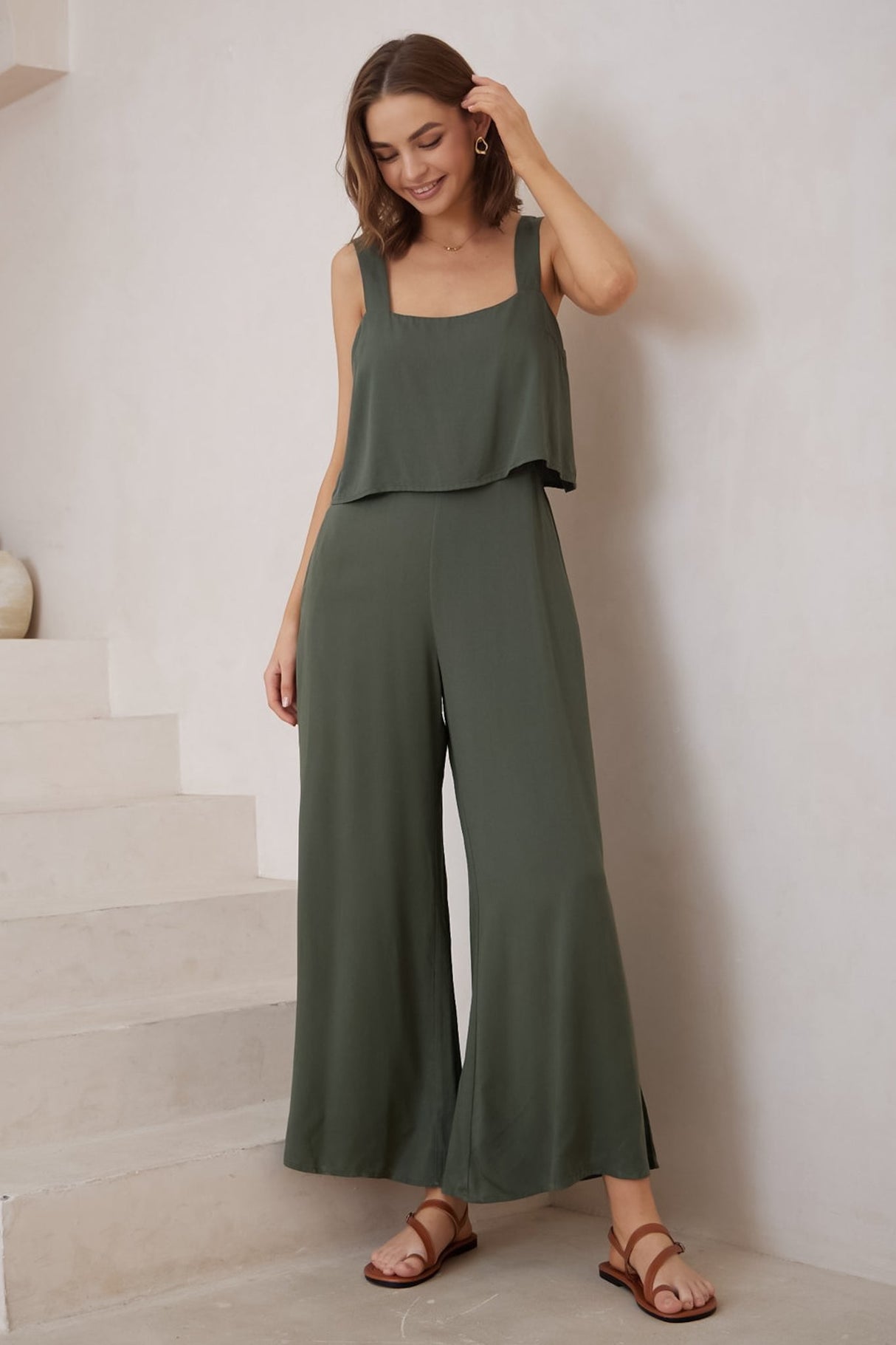 True Jumpsuit - Sqaure Neckline Overall Jumpsuit in Khaki