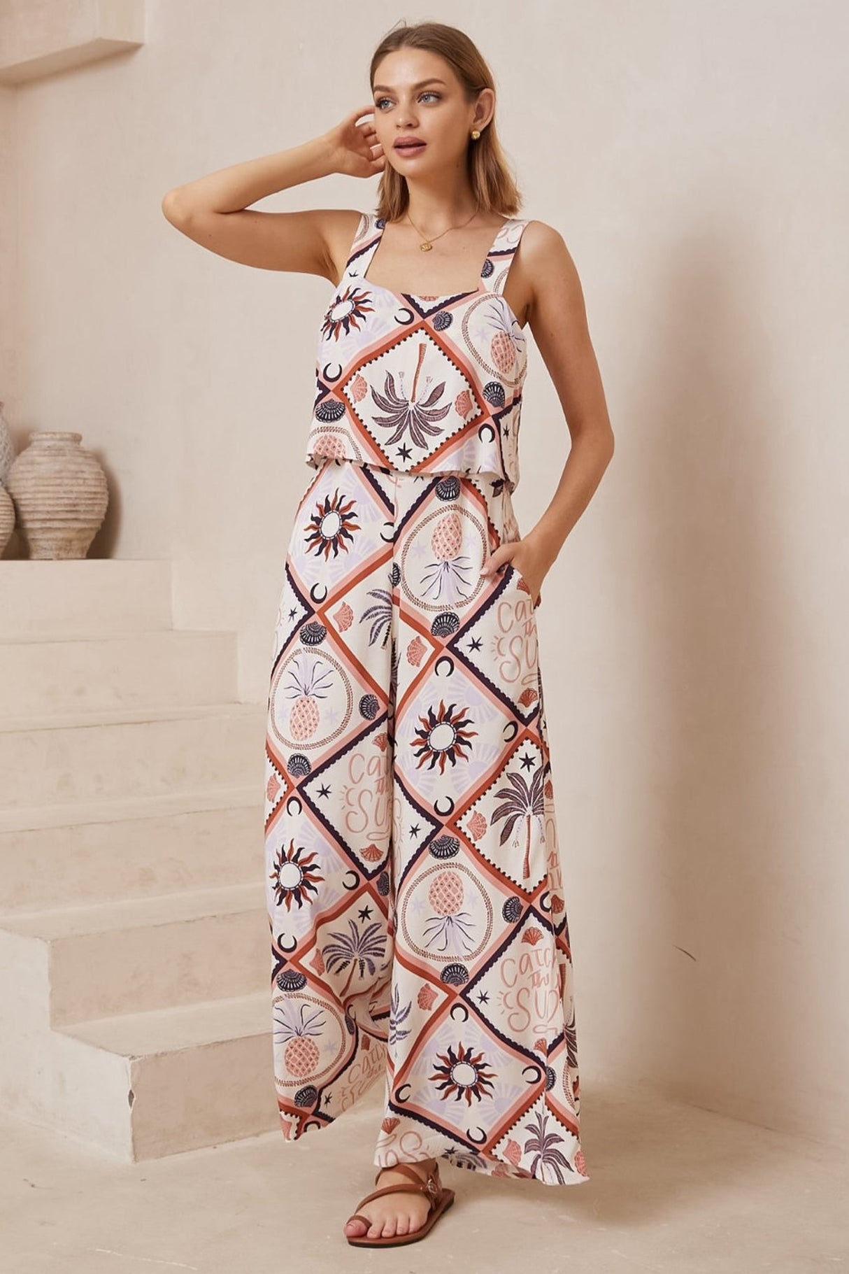 True Jumpsuit - Sqaure Neckline Overall Jumpsuit in Zaidin Print