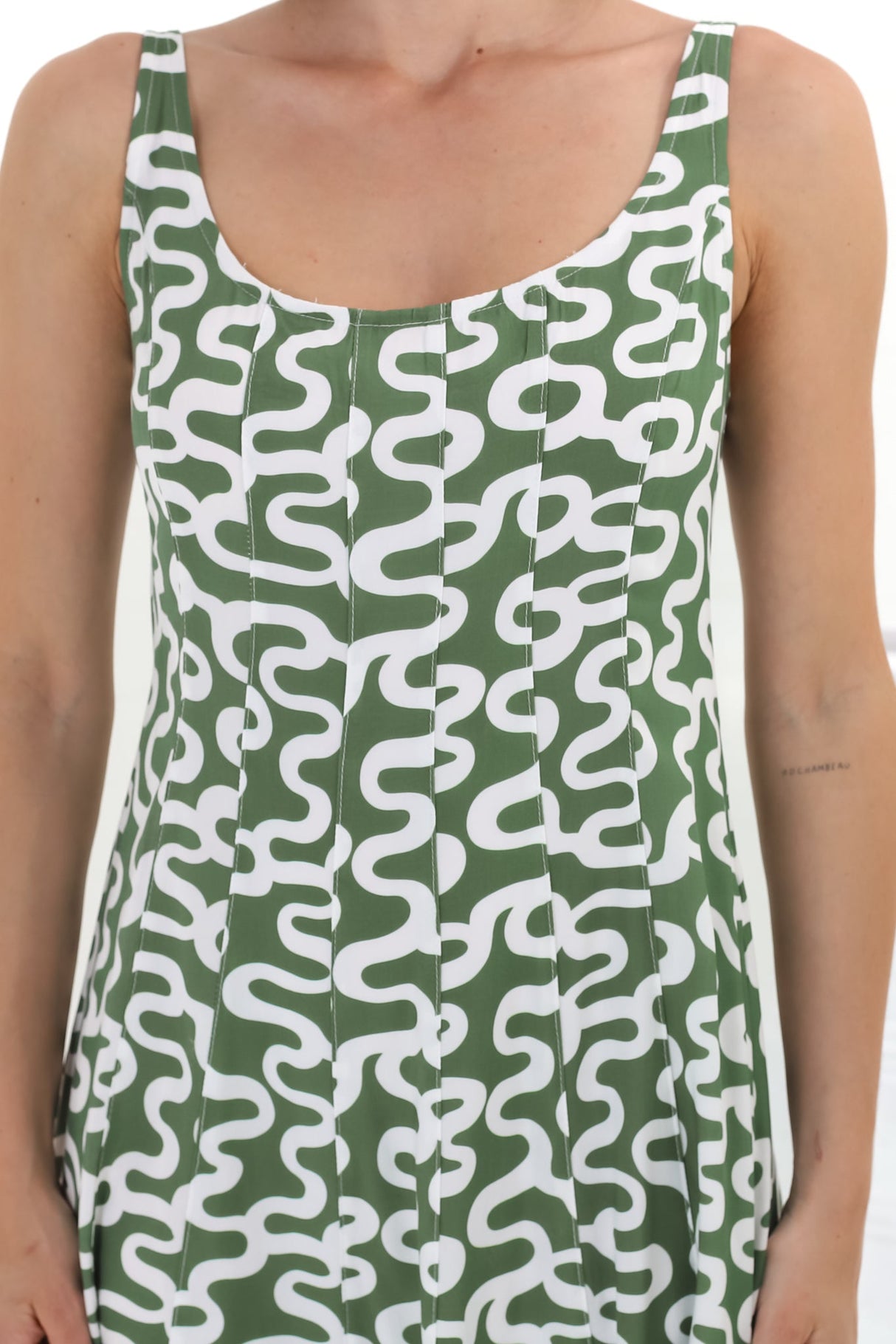 Truely Midi Dress - Scoop Neck Sun Dress with Adjustable Straps in Petra Print Green