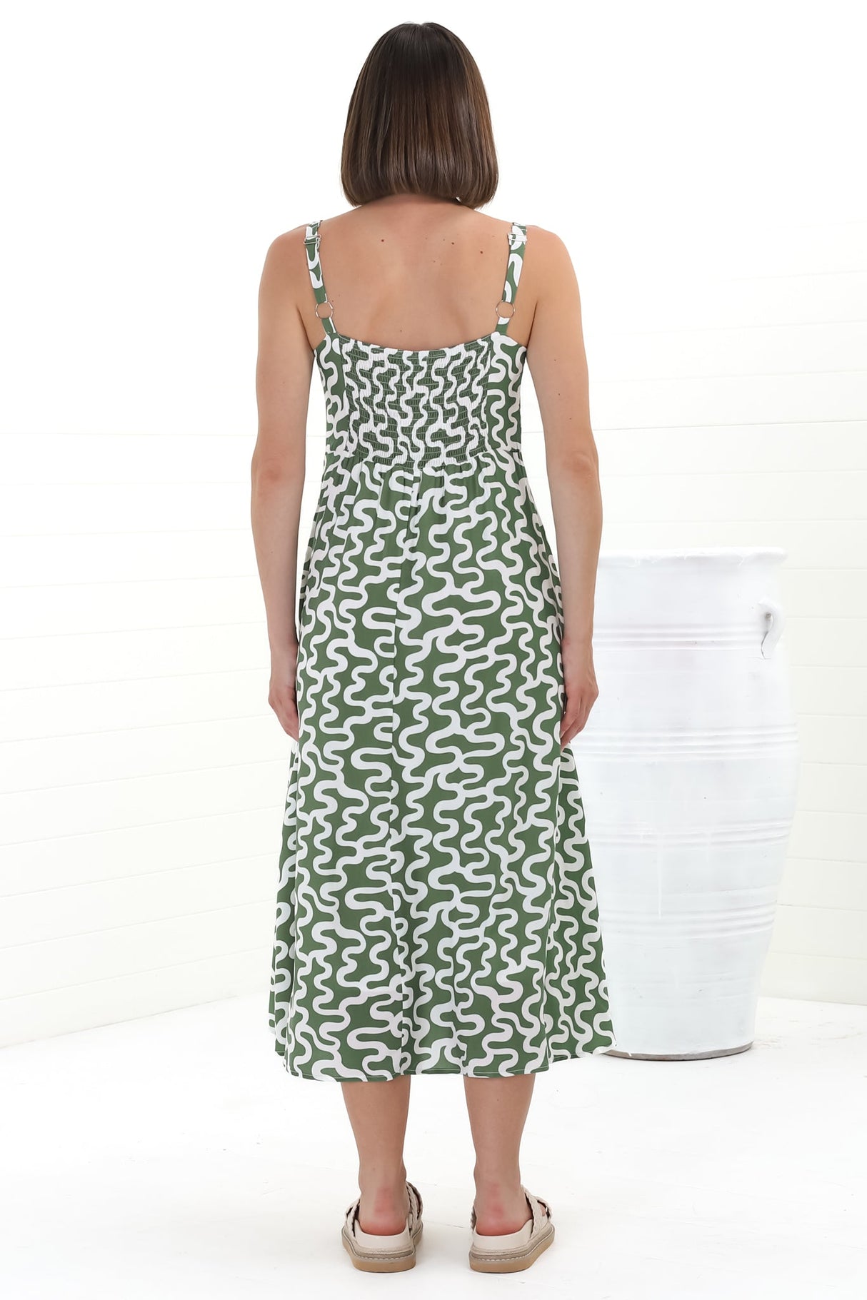 Truely Midi Dress - Scoop Neck Sun Dress with Adjustable Straps in Petra Print Green