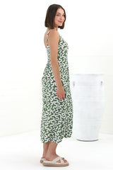 Truely Midi Dress - Scoop Neck Sun Dress with Adjustable Straps in Petra Print Green