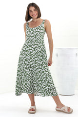 Truely Midi Dress - Scoop Neck Sun Dress with Adjustable Straps in Petra Print Green