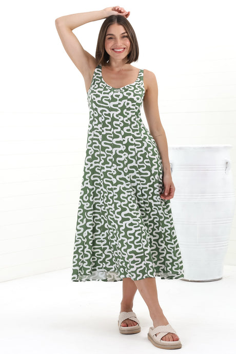 Truely Midi Dress - Scoop Neck Sun Dress with Adjustable Straps in Petra Print Green