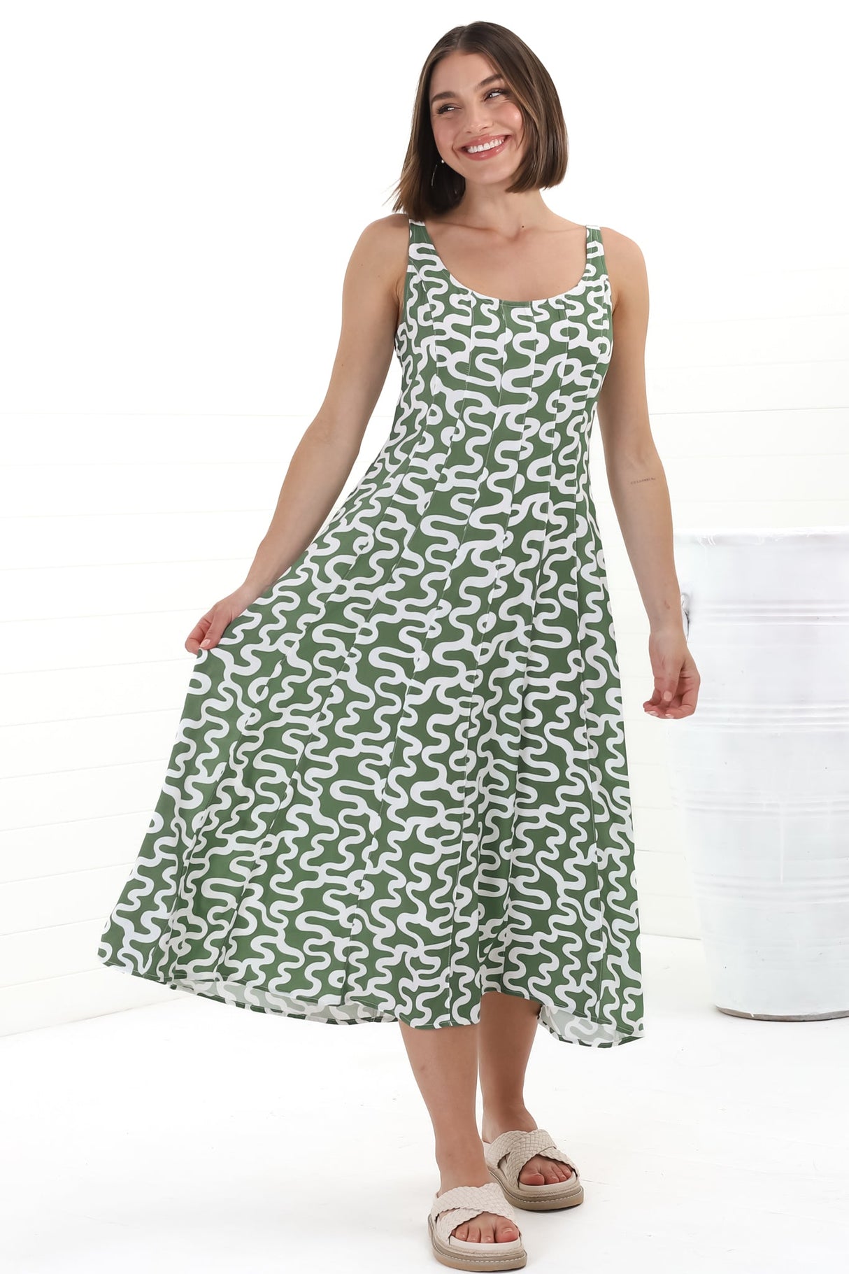 Truely Midi Dress - Scoop Neck Sun Dress with Adjustable Straps in Petra Print Green