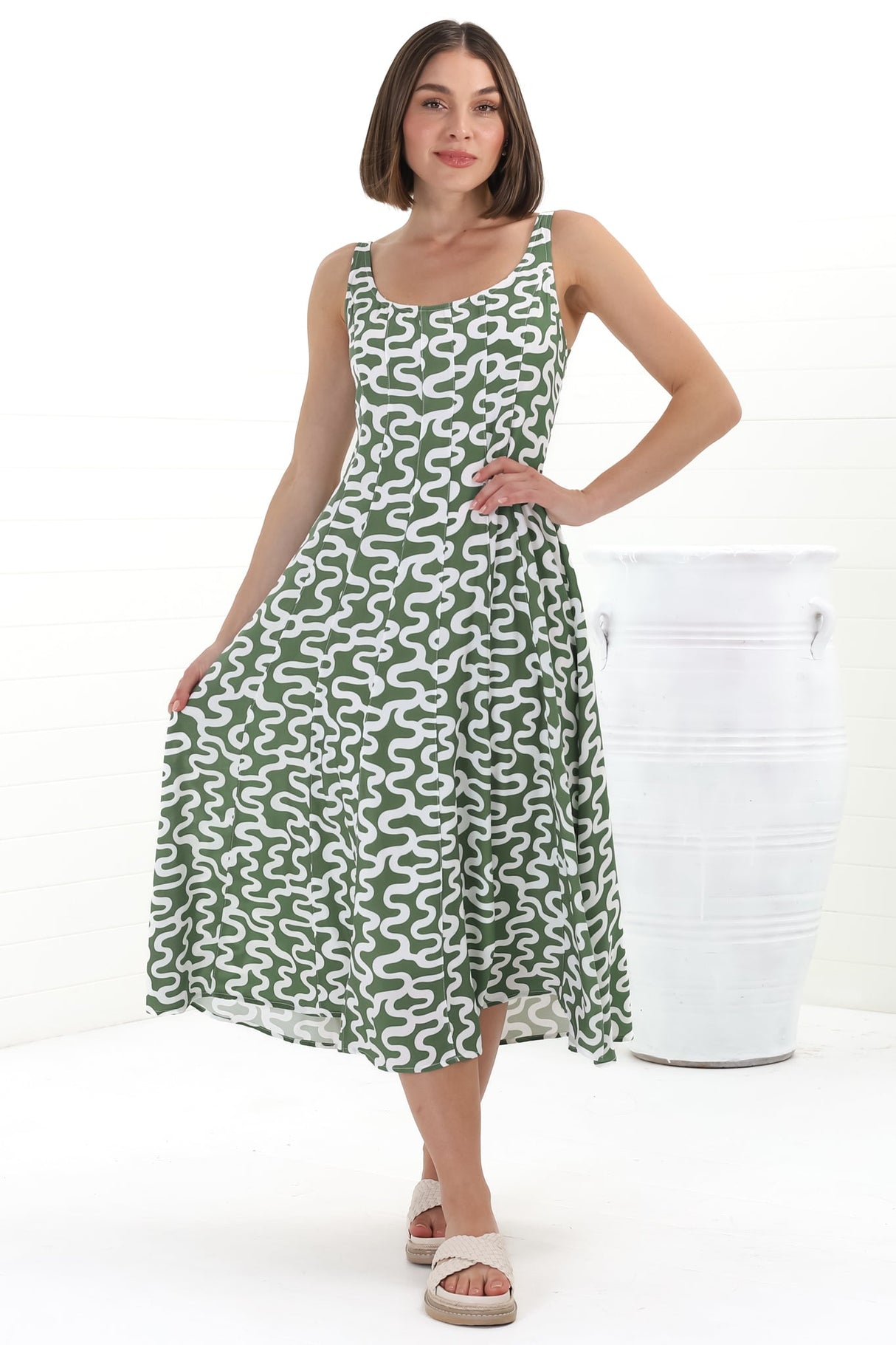 Truely Midi Dress - Scoop Neck Sun Dress with Adjustable Straps in Petra Print Green