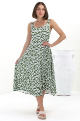 Truely Midi Dress - Scoop Neck Sun Dress with Adjustable Straps in Petra Print Green