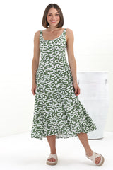 Truely Midi Dress - Scoop Neck Sun Dress with Adjustable Straps in Petra Print Green