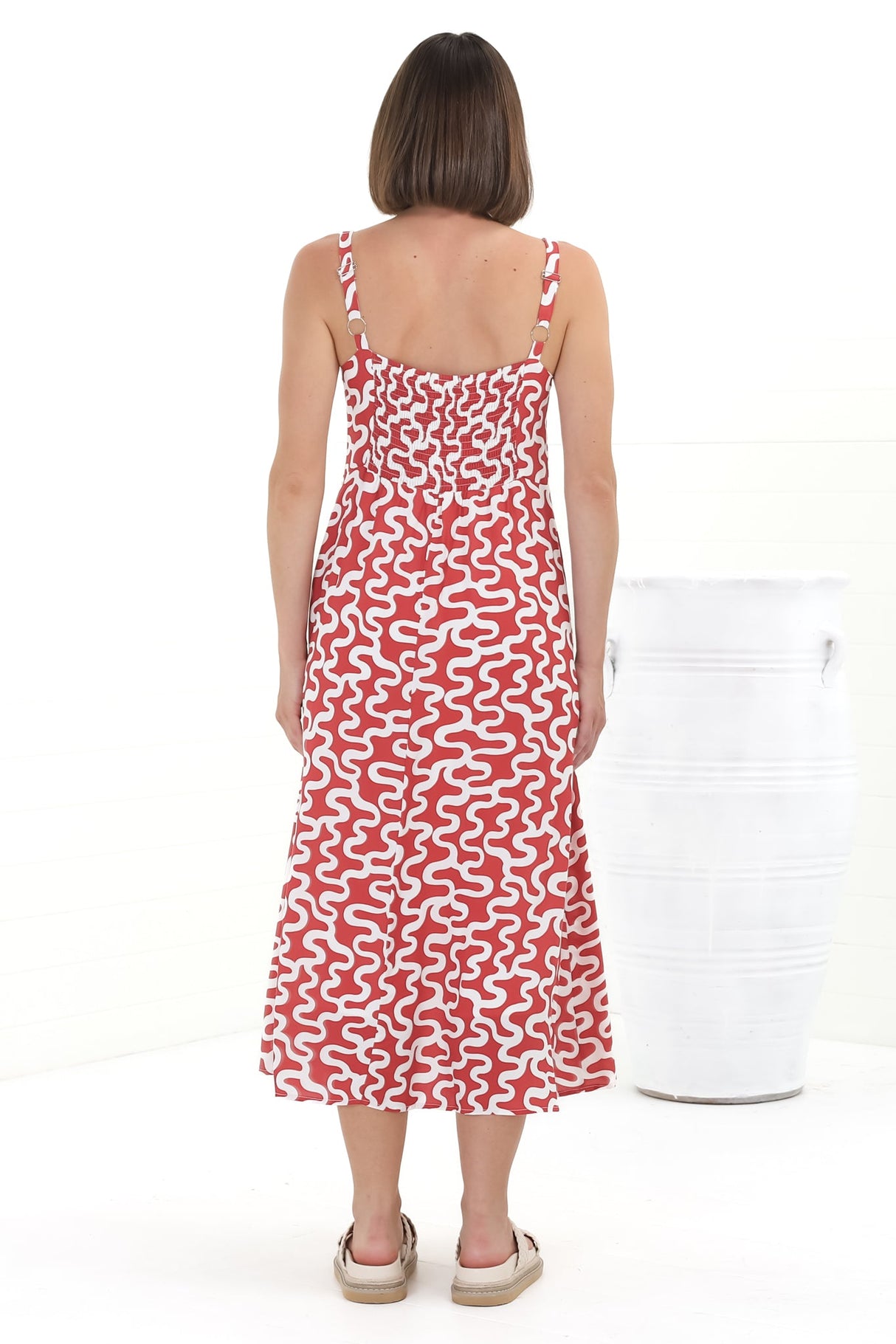 Truely Midi Dress - Scoop Neck Sun Dress with Adjustable Straps in Petra Print Red