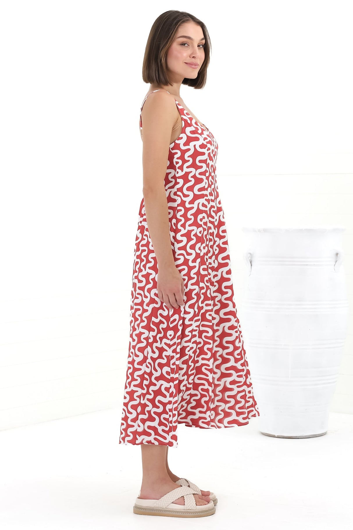 Truely Midi Dress - Scoop Neck Sun Dress with Adjustable Straps in Petra Print Red