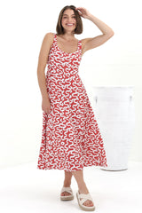 Truely Midi Dress - Scoop Neck Sun Dress with Adjustable Straps in Petra Print Red