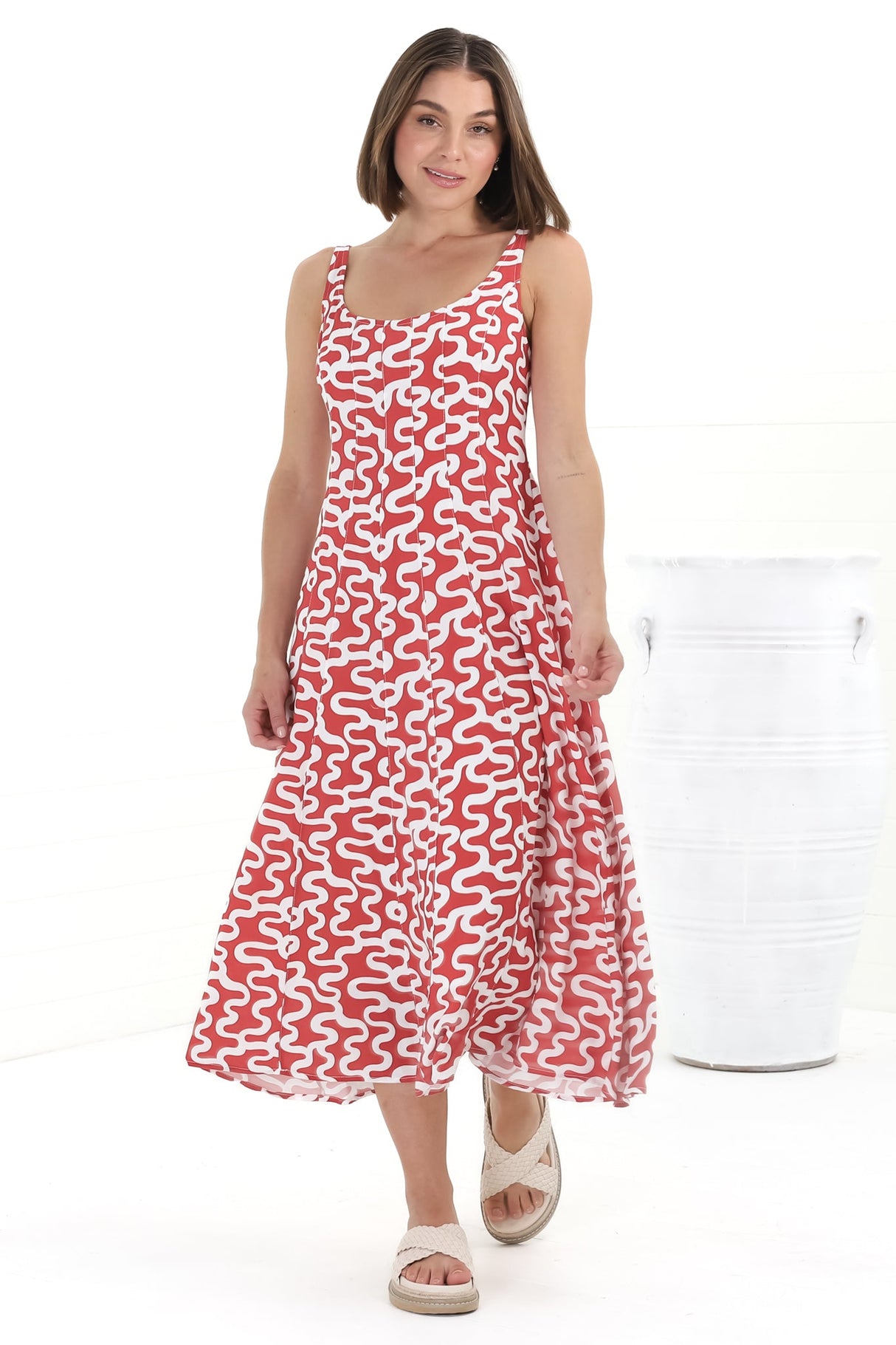 Truely Midi Dress - Scoop Neck Sun Dress with Adjustable Straps in Petra Print Red