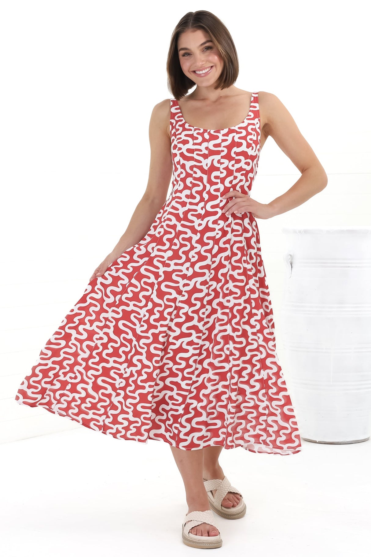 Truely Midi Dress - Scoop Neck Sun Dress with Adjustable Straps in Petra Print Red