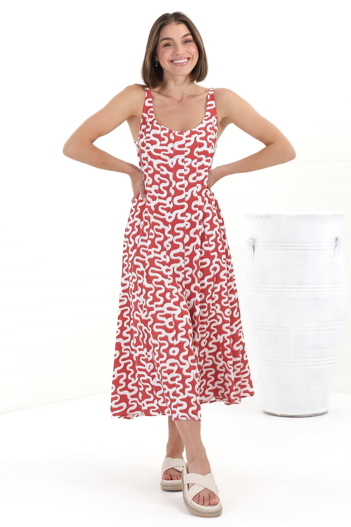 Truely Midi Dress - Scoop Neck Sun Dress with Adjustable Straps in Petra Print Red