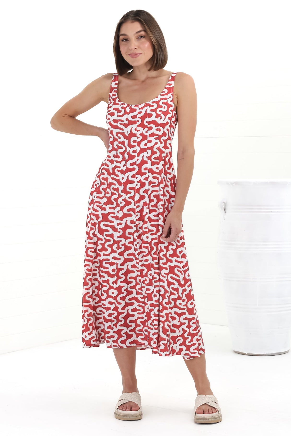 Truely Midi Dress - Scoop Neck Sun Dress with Adjustable Straps in Petra Print Red