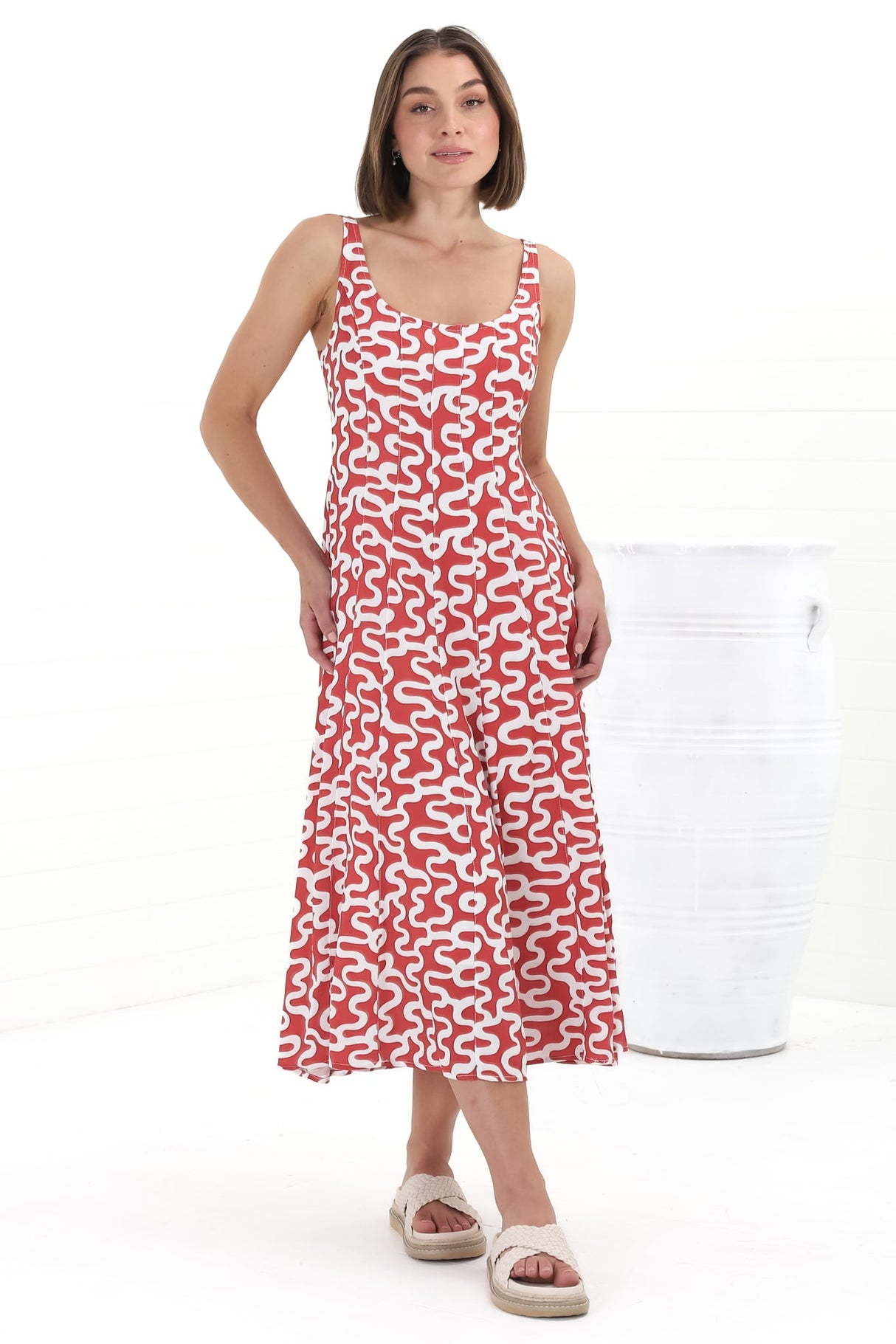 Truely Midi Dress - Scoop Neck Sun Dress with Adjustable Straps in Petra Print Red