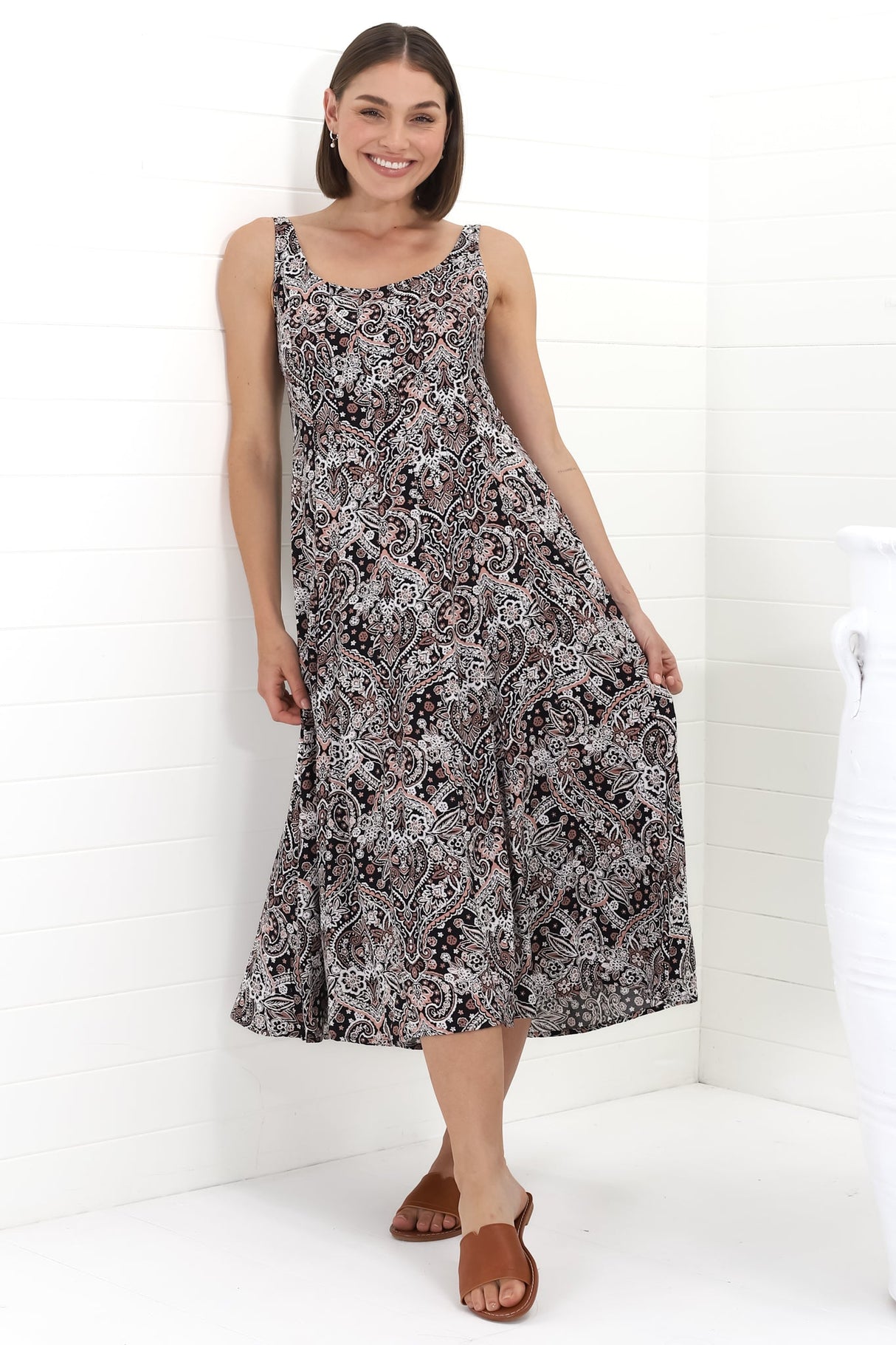 Truely Midi Dress - Scoop Neck Sun Dress with Adjustable Straps in Scala Print Black