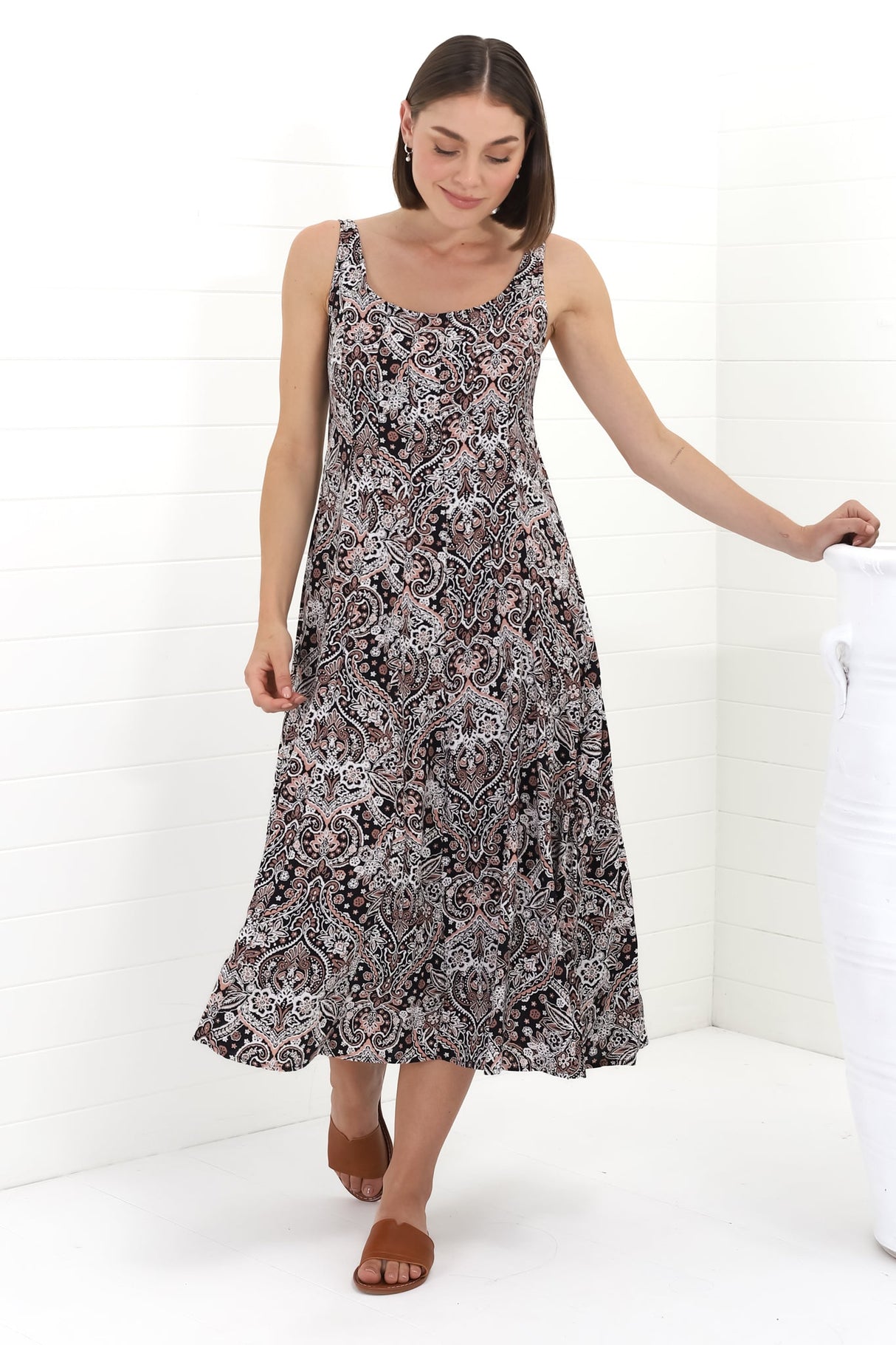 Truely Midi Dress - Scoop Neck Sun Dress with Adjustable Straps in Scala Print Black