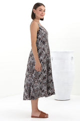 Truely Midi Dress - Scoop Neck Sun Dress with Adjustable Straps in Scala Print Black