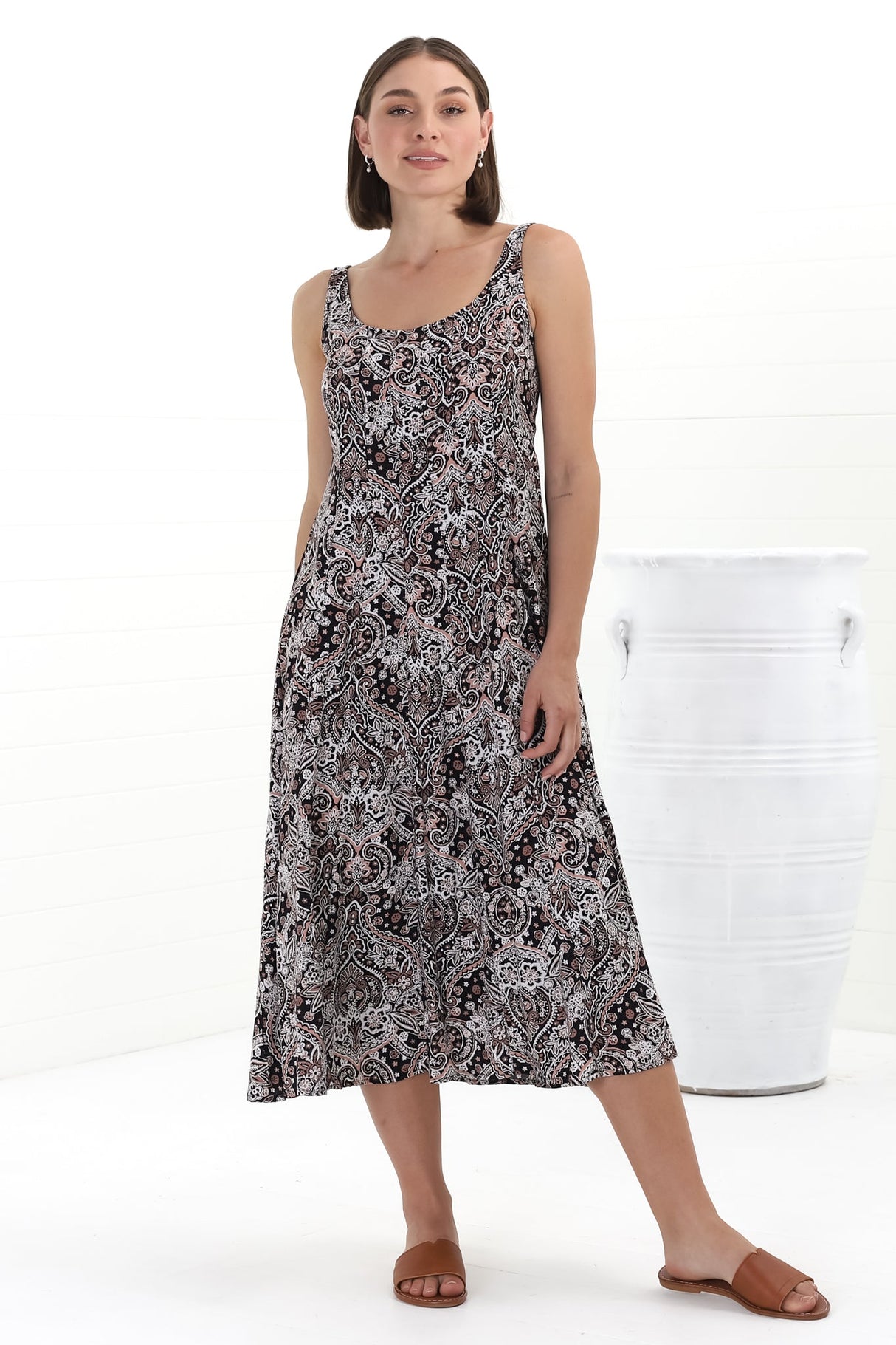 Truely Midi Dress - Scoop Neck Sun Dress with Adjustable Straps in Scala Print Black