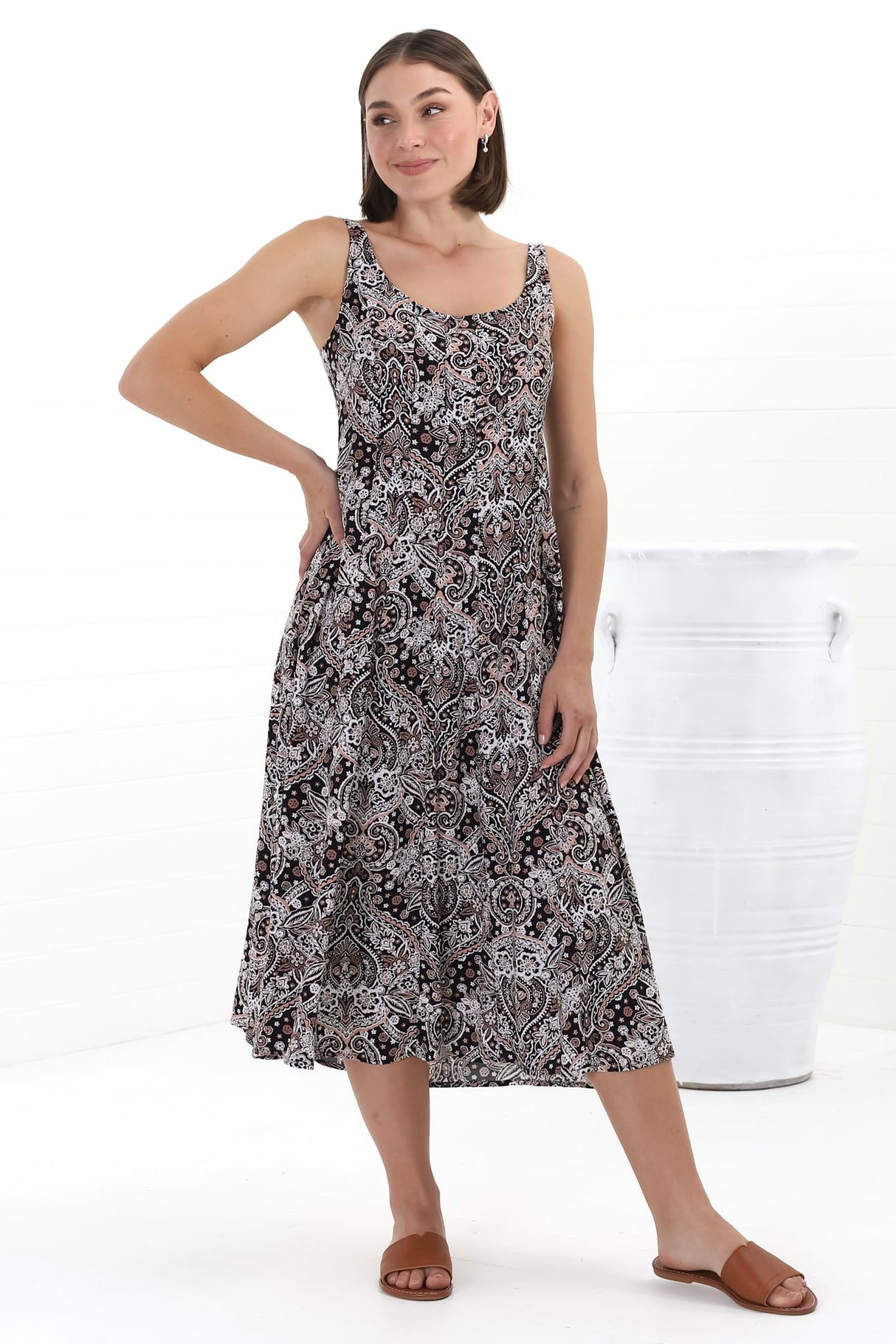 Truely Midi Dress - Scoop Neck Sun Dress with Adjustable Straps in Scala Print Black