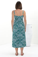 Truely Midi Dress - Scoop Neck Sun Dress with Adjustable Straps in Scala Print Green