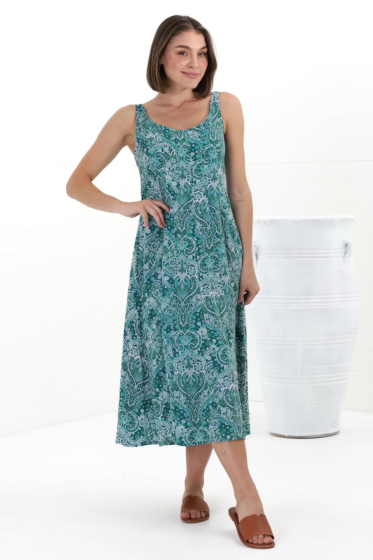 Truely Midi Dress - Scoop Neck Sun Dress with Adjustable Straps in Scala Print Green