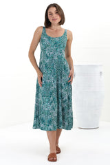 Truely Midi Dress - Scoop Neck Sun Dress with Adjustable Straps in Scala Print Green