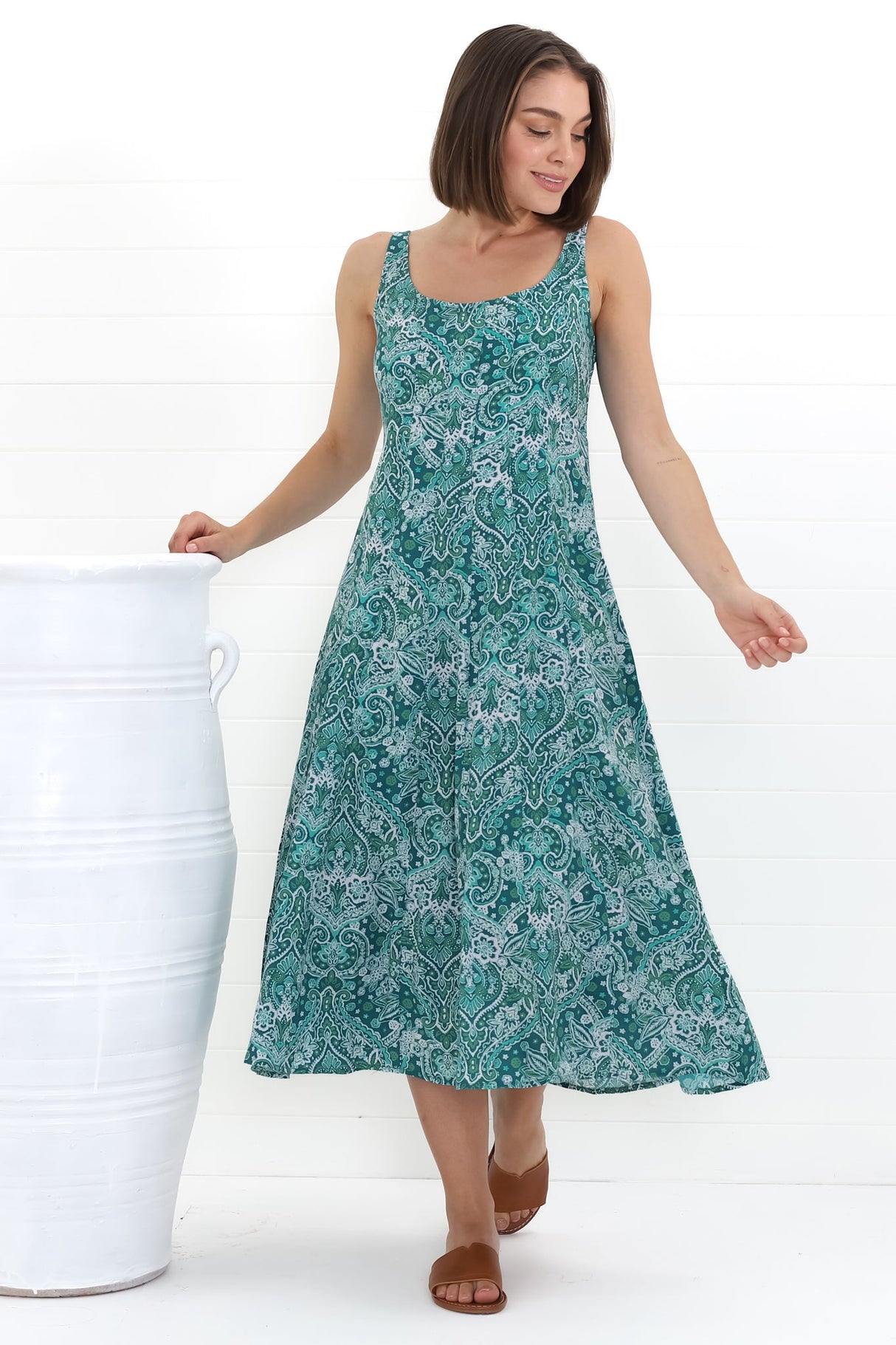 Truely Midi Dress - Scoop Neck Sun Dress with Adjustable Straps in Scala Print Green