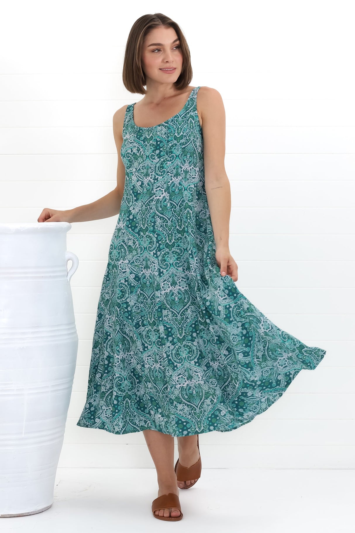 Truely Midi Dress - Scoop Neck Sun Dress with Adjustable Straps in Scala Print Green