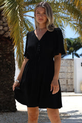 Truese Mini Dress - A-Line Dress with Short Ruffle Sleeves in Black