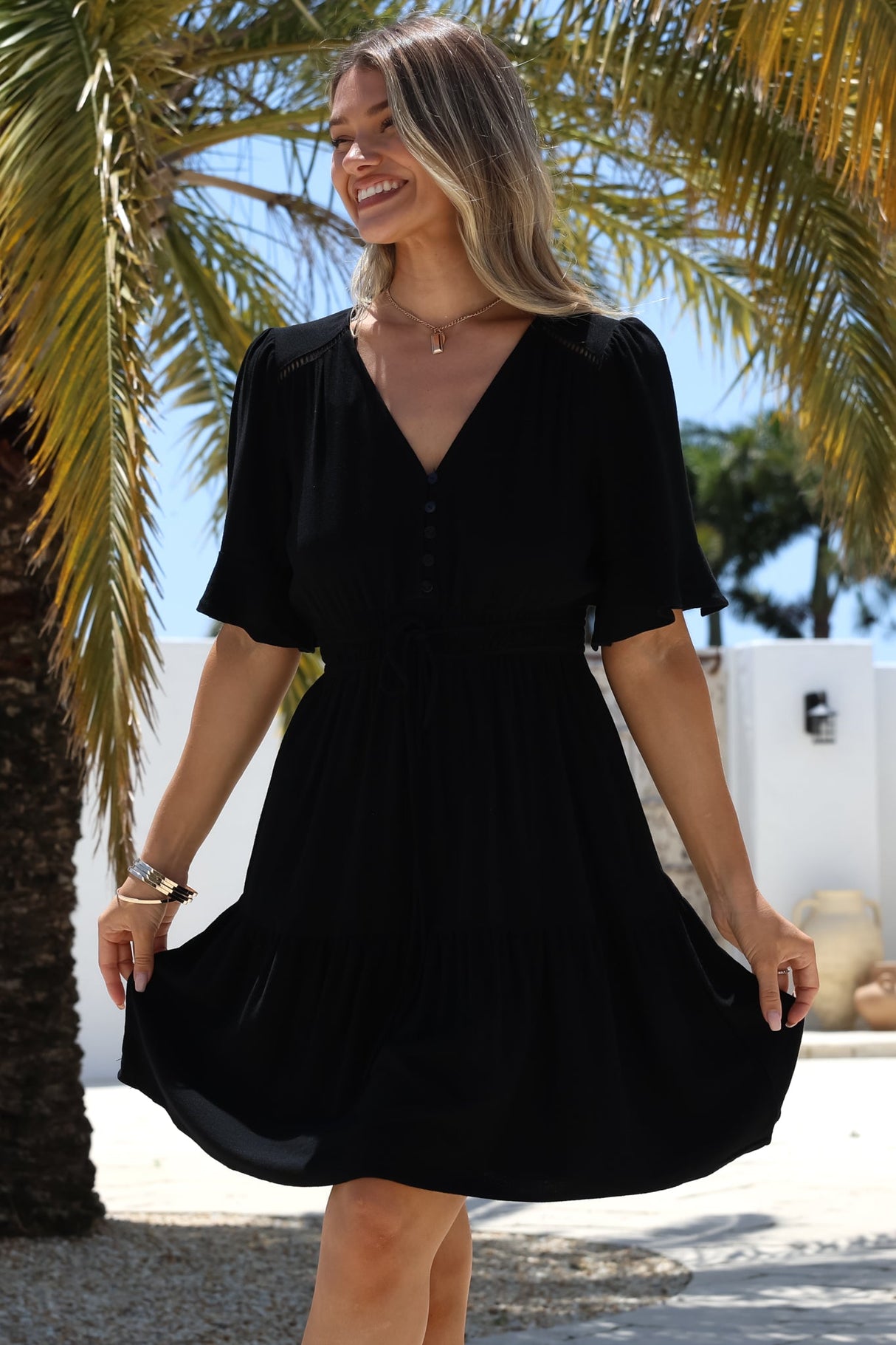 Truese Mini Dress - A-Line Dress with Short Ruffle Sleeves in Black