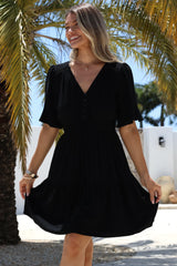 Truese Mini Dress - A-Line Dress with Short Ruffle Sleeves in Black