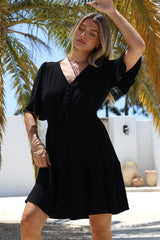 Truese Mini Dress - A-Line Dress with Short Ruffle Sleeves in Black