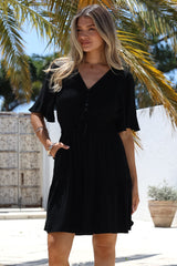 Truese Mini Dress - A-Line Dress with Short Ruffle Sleeves in Black