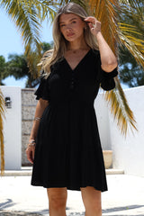 Truese Mini Dress - A-Line Dress with Short Ruffle Sleeves in Black