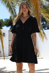 Truese Mini Dress - A-Line Dress with Short Ruffle Sleeves in Black