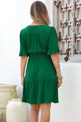Truese Mini Dress - A-Line Dress with Short Ruffle Sleeves in Green