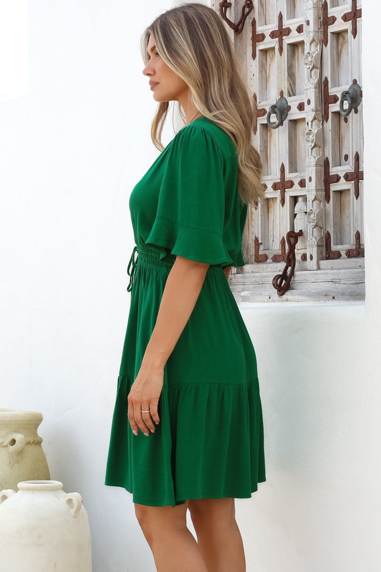 Truese Mini Dress - A-Line Dress with Short Ruffle Sleeves in Green