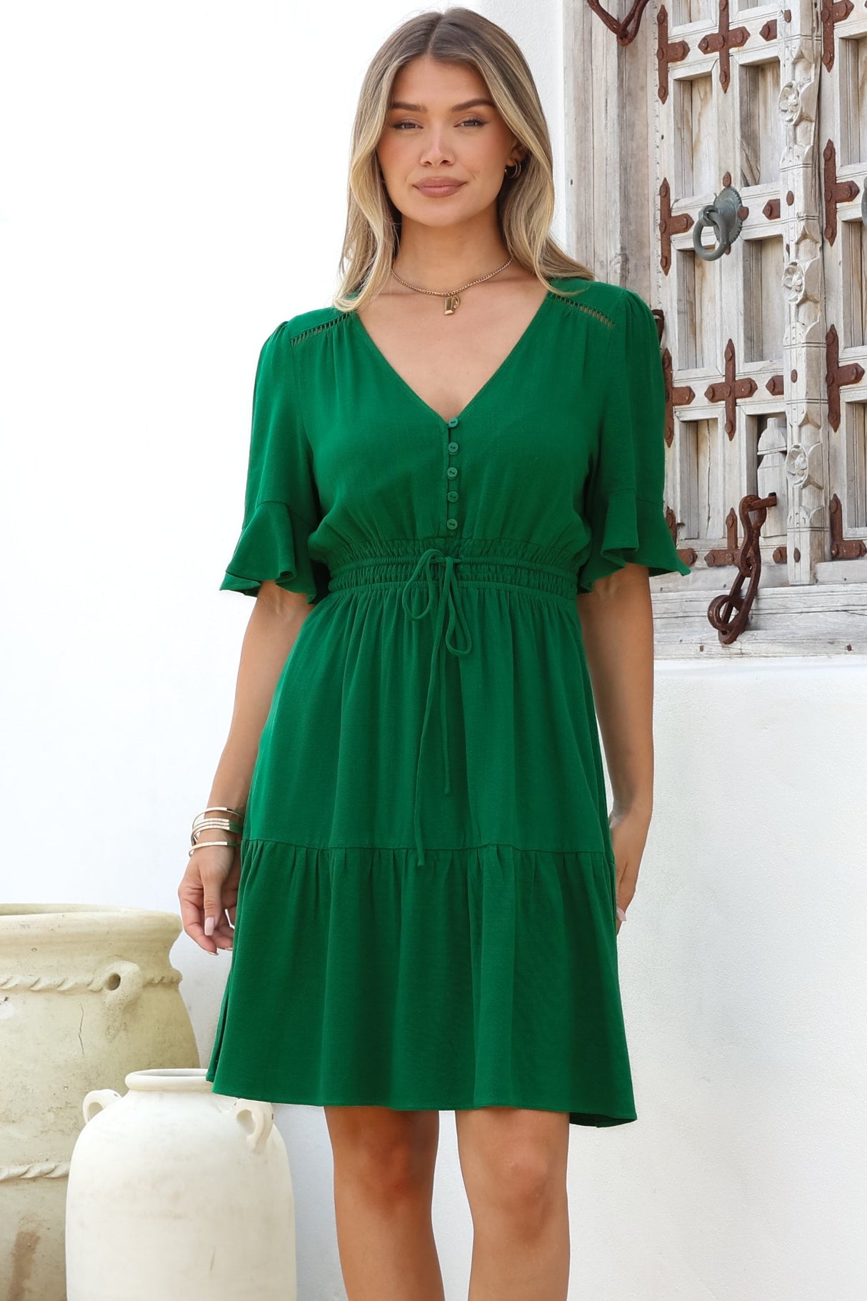 Truese Mini Dress - A-Line Dress with Short Ruffle Sleeves in Green